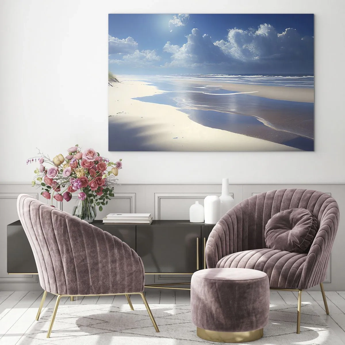 Tablou pe sticlă - O plajă largă, nisipoasă și valuri calme sub un cer albastru - 70x50cm - Vacanță în paradis - Decorațiune modernă pentru perete pentru living și dormitor ARTTOR