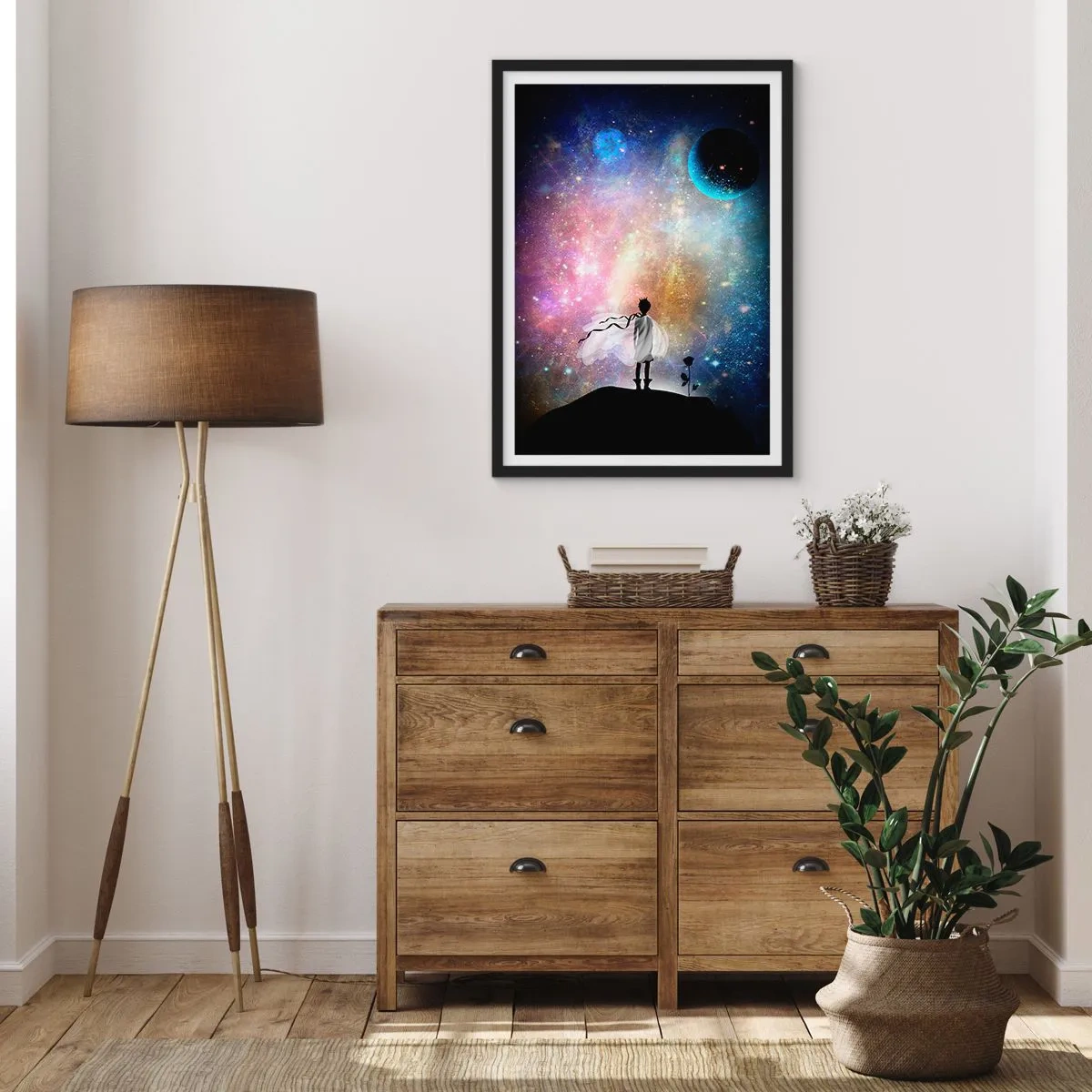 Poster în ramă neagră - O scenă spațială fantastică cu silueta unui personaj și a unui trandafir - 50x70cm - Micul Prinț - Decorațiune modernă pentru perete pentru living și dormitor ARTTOR
