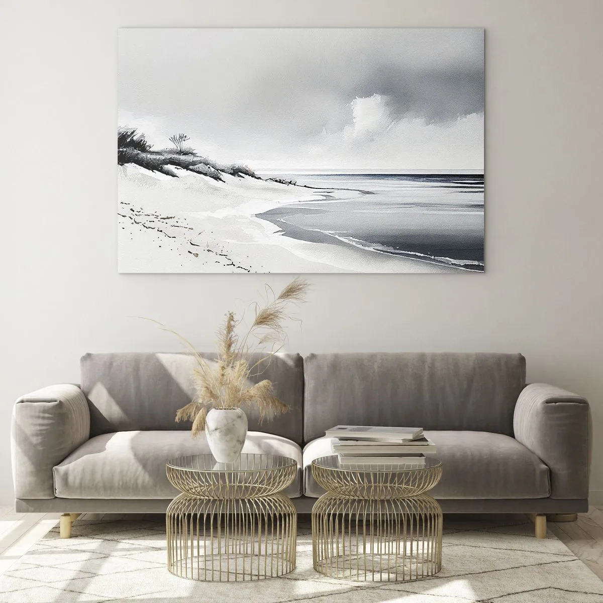 Tablou pe sticlă - Plajă alb-negru cu orizont și mare calmă - 70x50cm - Întotdeauna împreună - Decorațiune modernă pentru perete pentru living și dormitor ARTTOR