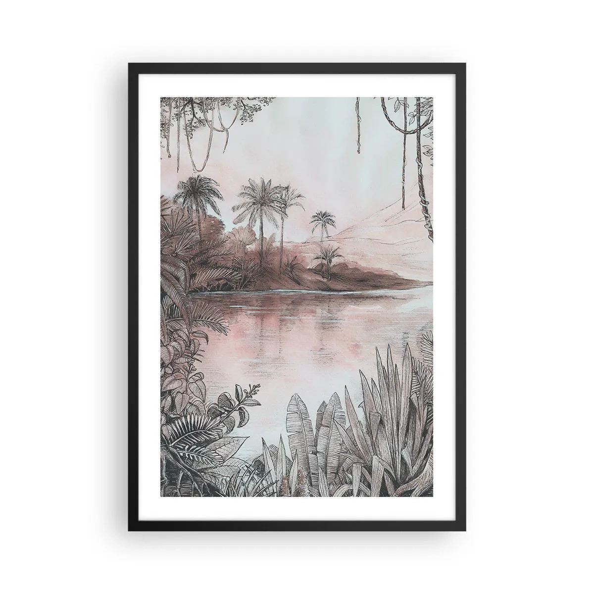 Poster în ramă neagră - Peisaj exotic lângă apă - 50x70cm - Jurnalul unui explorator din secolul al XIX-lea - Decorațiune modernă pentru perete pentru living și dormitor ARTTOR