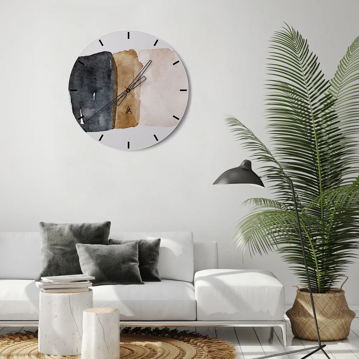 Ceas de perete - Ceas pe sticlă - Trei dungi de acuarelă în nuanțe de negru, maro și bej - 30x30cm - Compoziția culorilor pământului - Decorațiune modernă pentru perete pentru living, bucătărie și dormitor ARTTOR