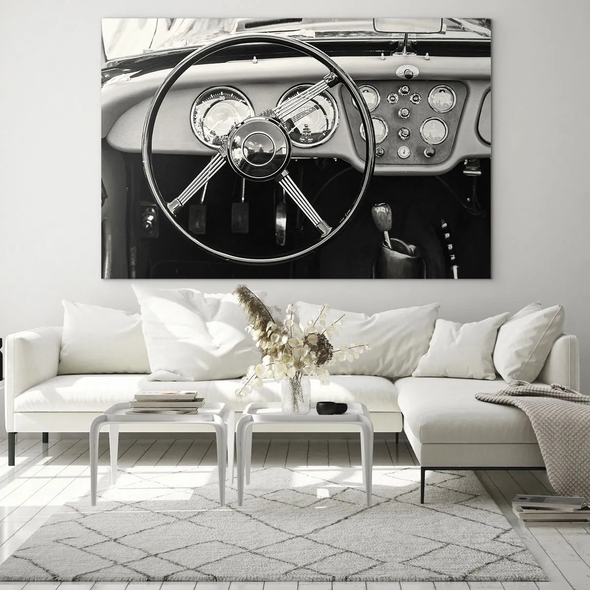 Tablou pe sticlă - Volanul și ceasurile unei mașini clasice în sepia - 70x50cm - Visul unui colecționar - Decorațiune modernă pentru perete pentru living și dormitor ARTTOR