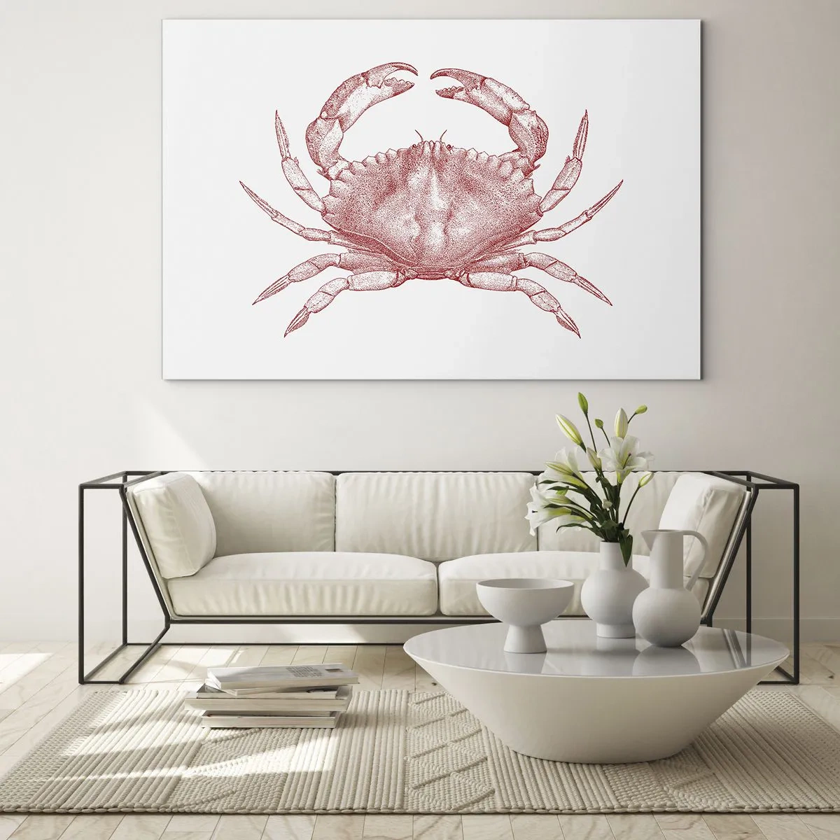 Tablou pe sticlă - Schiță a unui crab roșu pe un fundal deschis în stil retro - 70x50cm - Crab peste crabi - Decorațiune modernă pentru perete pentru living și dormitor ARTTOR