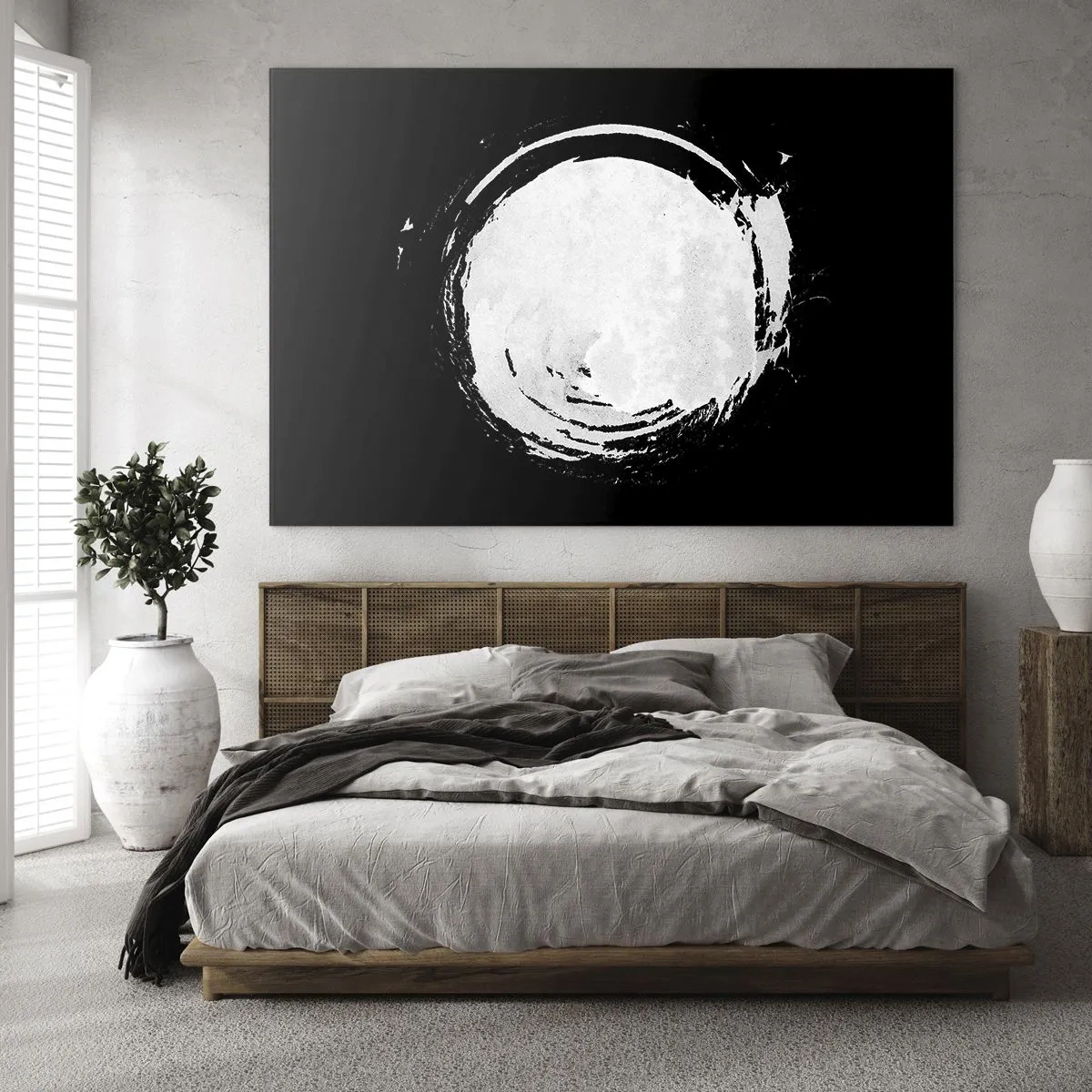 Tablou pe sticlă - Cerc abstract alb pe fundal negru - 70x50cm - O ieșire bună - Decorațiune modernă pentru perete pentru living și dormitor ARTTOR