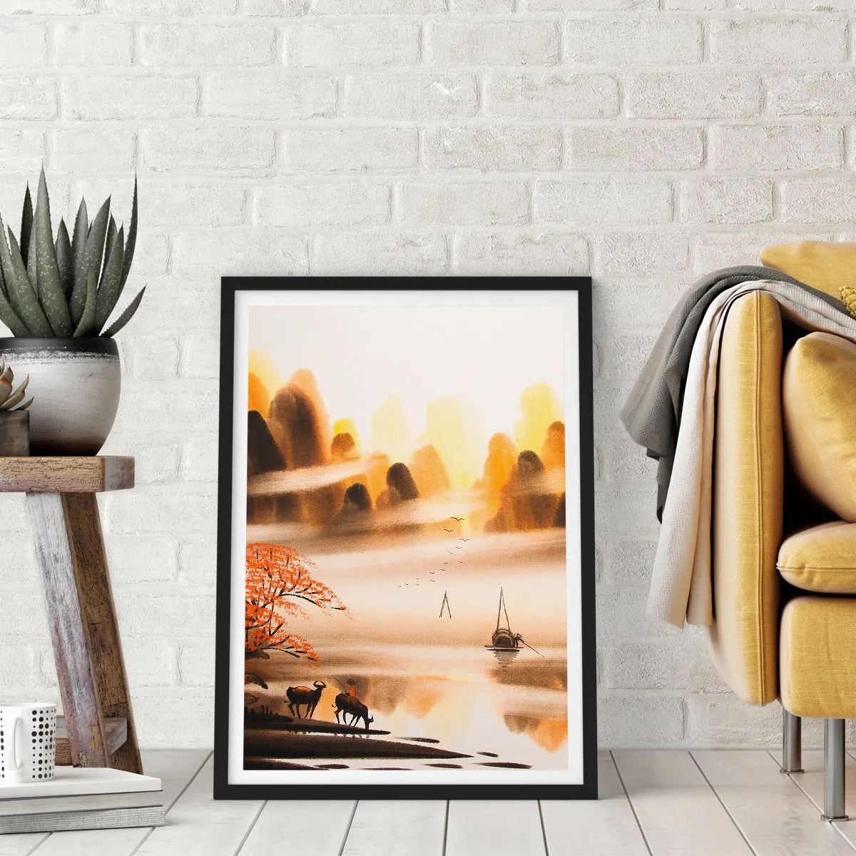 Poster în ramă neagră - Peisaj montan oriental în ceață cu o barcă și animale - 50x70cm - Mai departe decât Orientul Îndepărtat - Decorațiune modernă pentru perete pentru living și dormitor ARTTOR