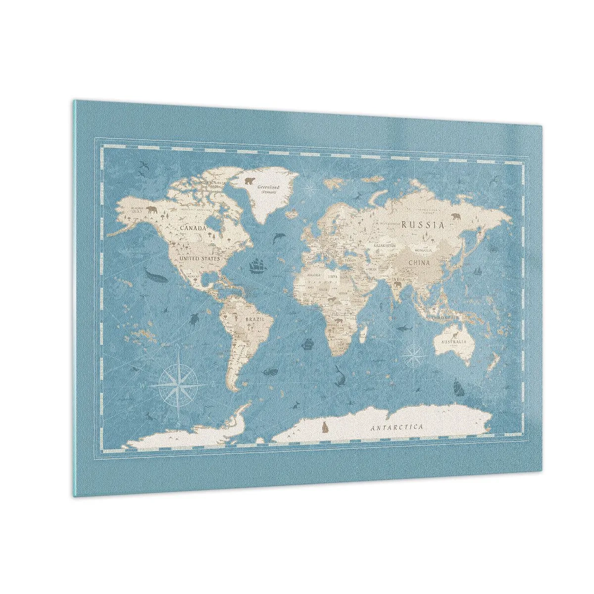 Tablou pe sticlă - Hartă a lumii stilizată pe fundal albastru - 70x50cm - Lumea la îndemână - Decorațiune modernă pentru perete pentru living și dormitor ARTTOR