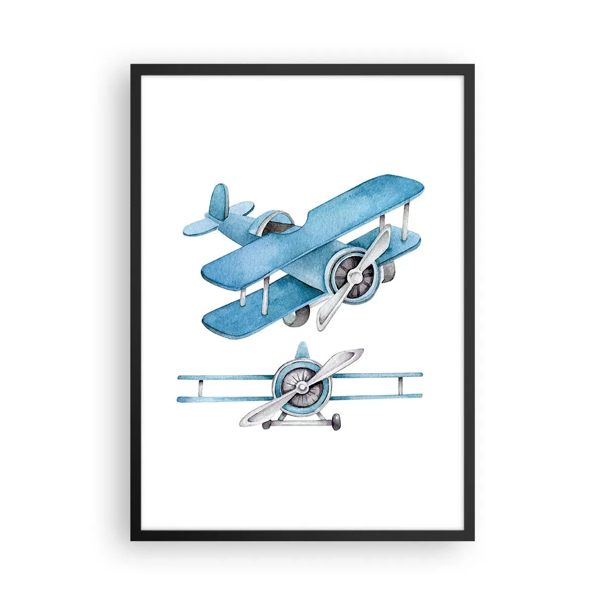 Poster în ramă neagră - Biplane albastre în acuarelă - 50x70cm - Un învingător înnăscut - Decorațiune modernă pentru perete pentru living și dormitor ARTTOR