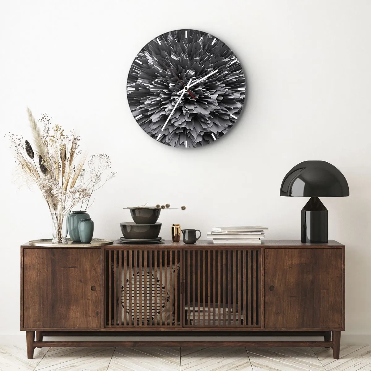 Ceas de perete - Ceas pe sticlă - Compoziție 3D abstractă alb-negru sub formă de explozie - 30x30cm - Mai ascuțit nu se poate - Decorațiune modernă pentru perete pentru living, bucătărie și dormitor ARTTOR