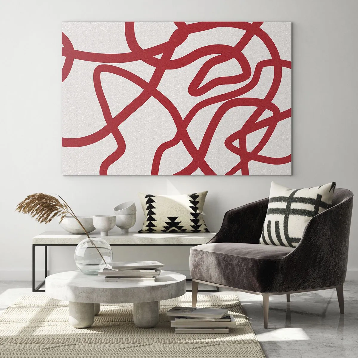 Tablou pe sticlă - Linii roșii care se învârt dinamic pe un fundal alb - 70x50cm - Roșu pe alb - Decorațiune modernă pentru perete pentru living și dormitor ARTTOR