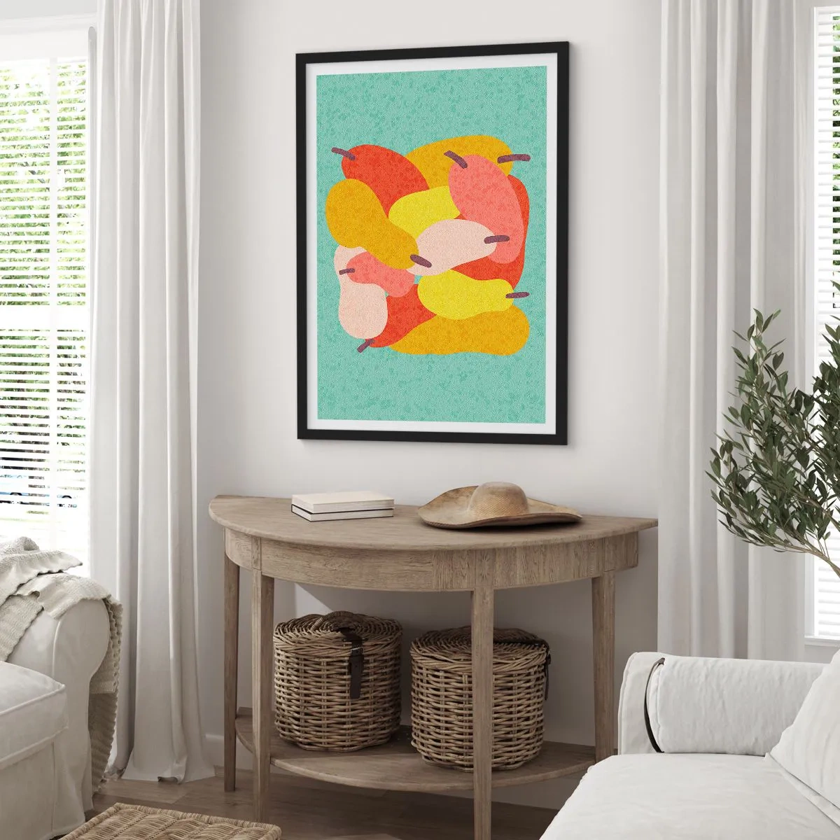 Poster în ramă neagră - Ilustrație colorată a perelor pe un fundal turcoaz - 50x70cm - Gustă soarele de vară - Decorațiune modernă pentru perete pentru living și dormitor ARTTOR