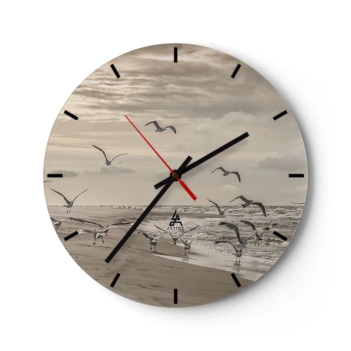 Ceas de perete - Ceas pe sticlă - Pescaruși plutind deasupra țărmului dimineața - 30x30cm - Marea zumzăie, păsările cântă - Decorațiune modernă pentru perete pentru living, bucătărie și dormitor ARTTOR