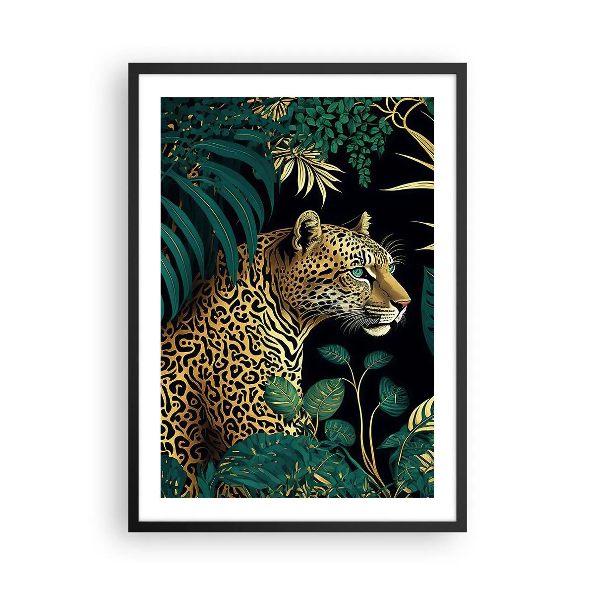 Poster în ramă neagră - Leopard auriu în jungla tropicală - 50x70cm - Domnitorul junglei - Decorațiune modernă pentru perete pentru living și dormitor ARTTOR