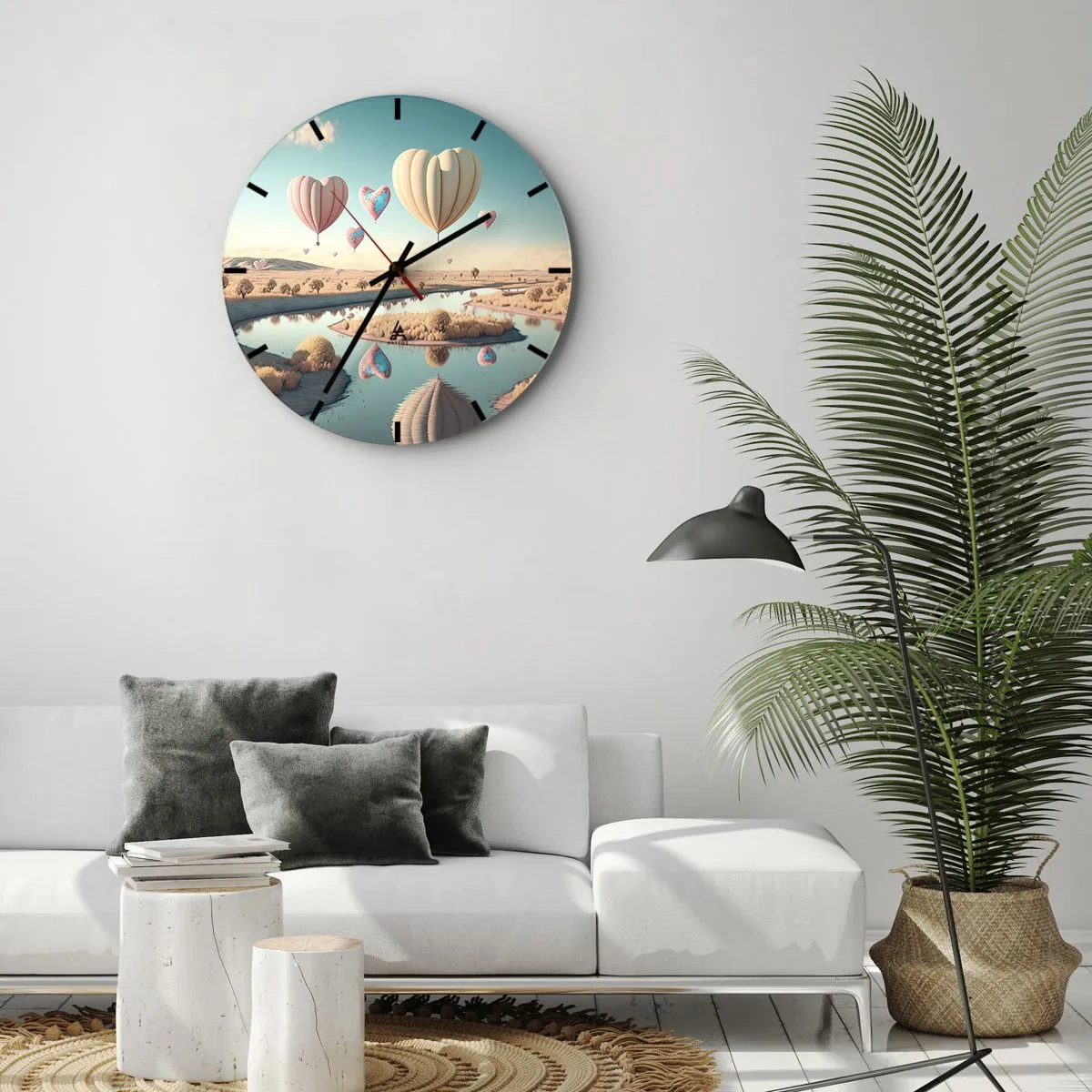 Ceas de perete - Ceas pe sticlă - Baloane în formă de inimă plutind peste râu - 30x30cm - Iubirea ne înalță - Decorațiune modernă pentru perete pentru living, bucătărie și dormitor ARTTOR