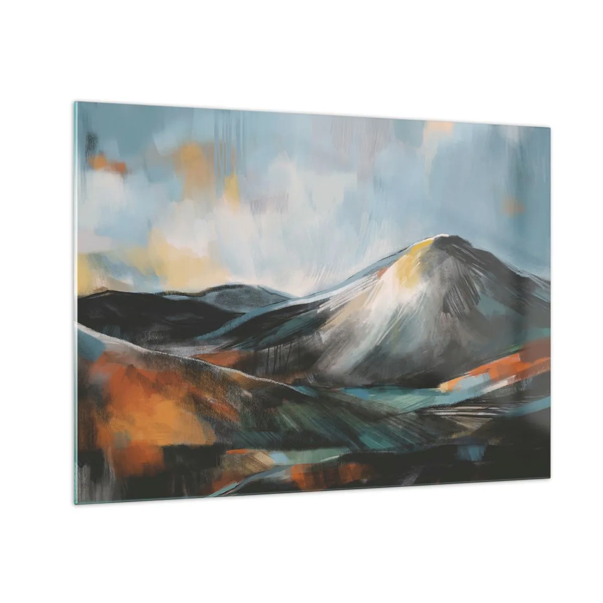 Tablou pe sticlă - Un peisaj montan pictural în culori calde și reci - 70x50cm - Dure și frumoase - Decorațiune modernă pentru perete pentru living și dormitor ARTTOR