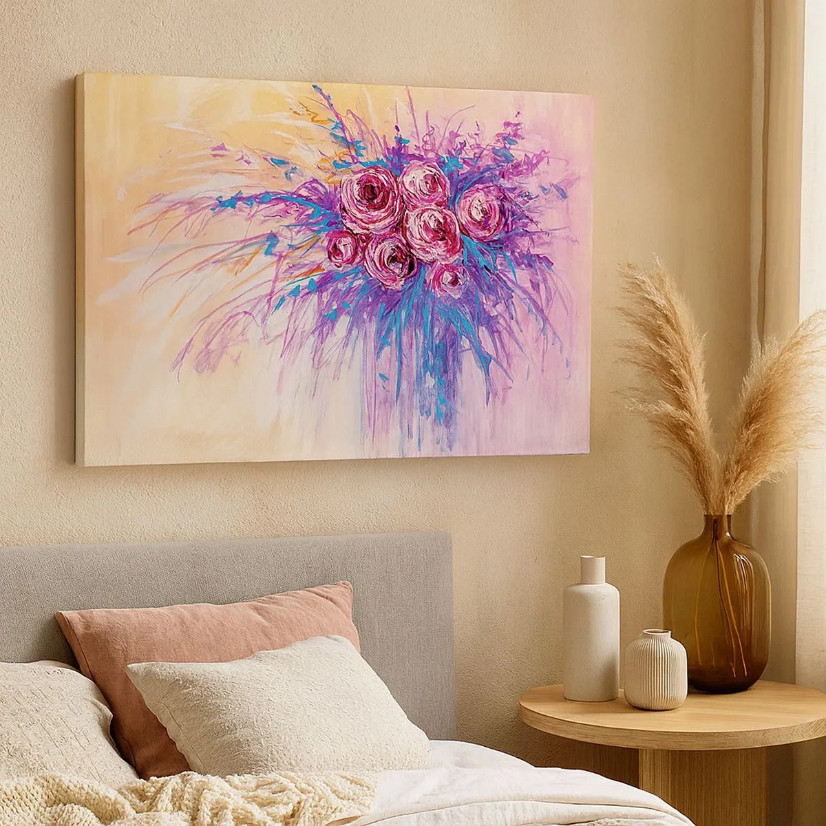 Tablou pe pânză Canvas - Un buchet de trandafiri în culori pastelate - 70x50cm - Fântână de trandafiri - Decorațiune modernă pentru perete pentru living și dormitor ARTTOR