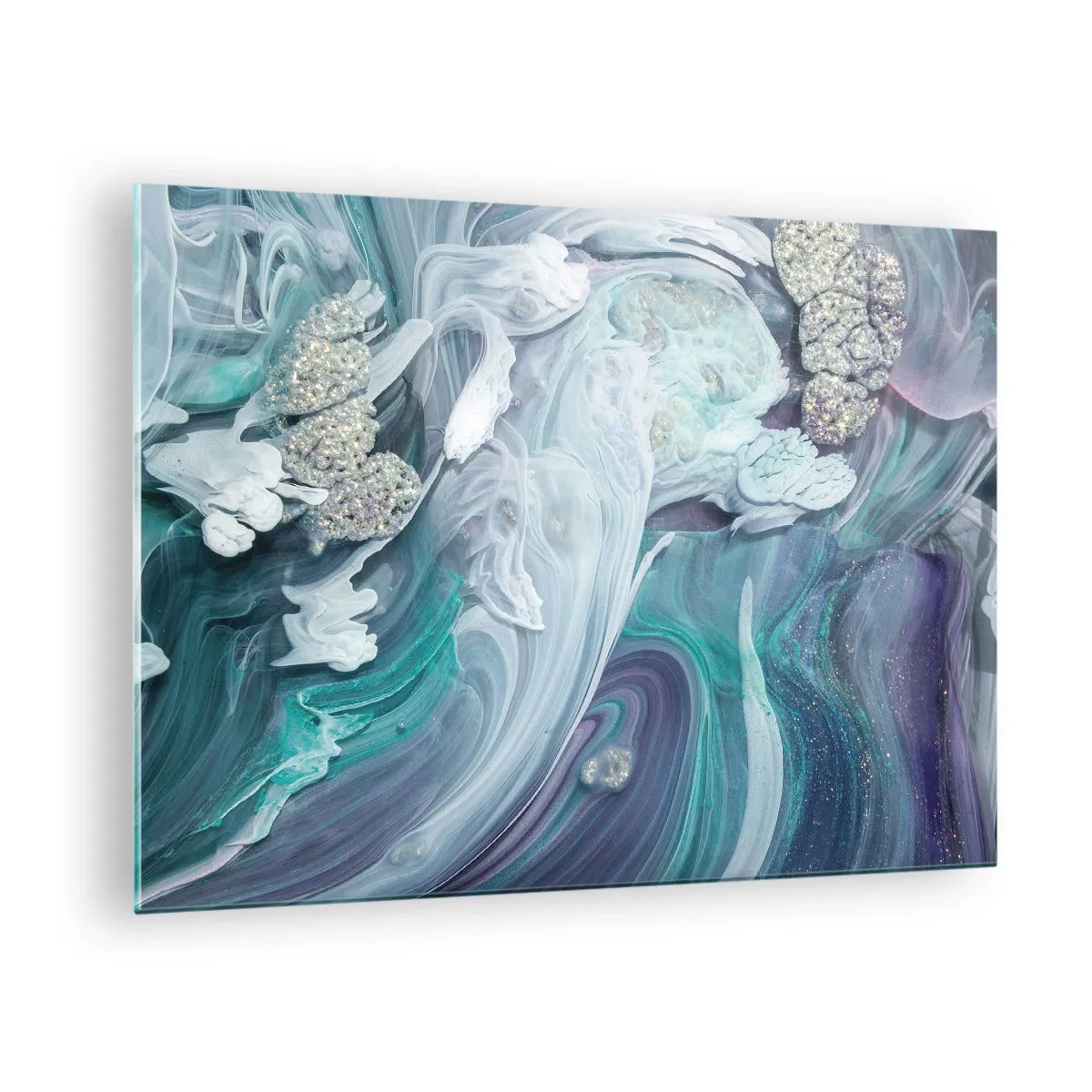 Tablou pe sticlă - O compoziție abstractă în nuanțe de albastru, violet și alb. - 70x50cm - Râuri de albastru - Decorațiune modernă pentru perete pentru living și dormitor ARTTOR