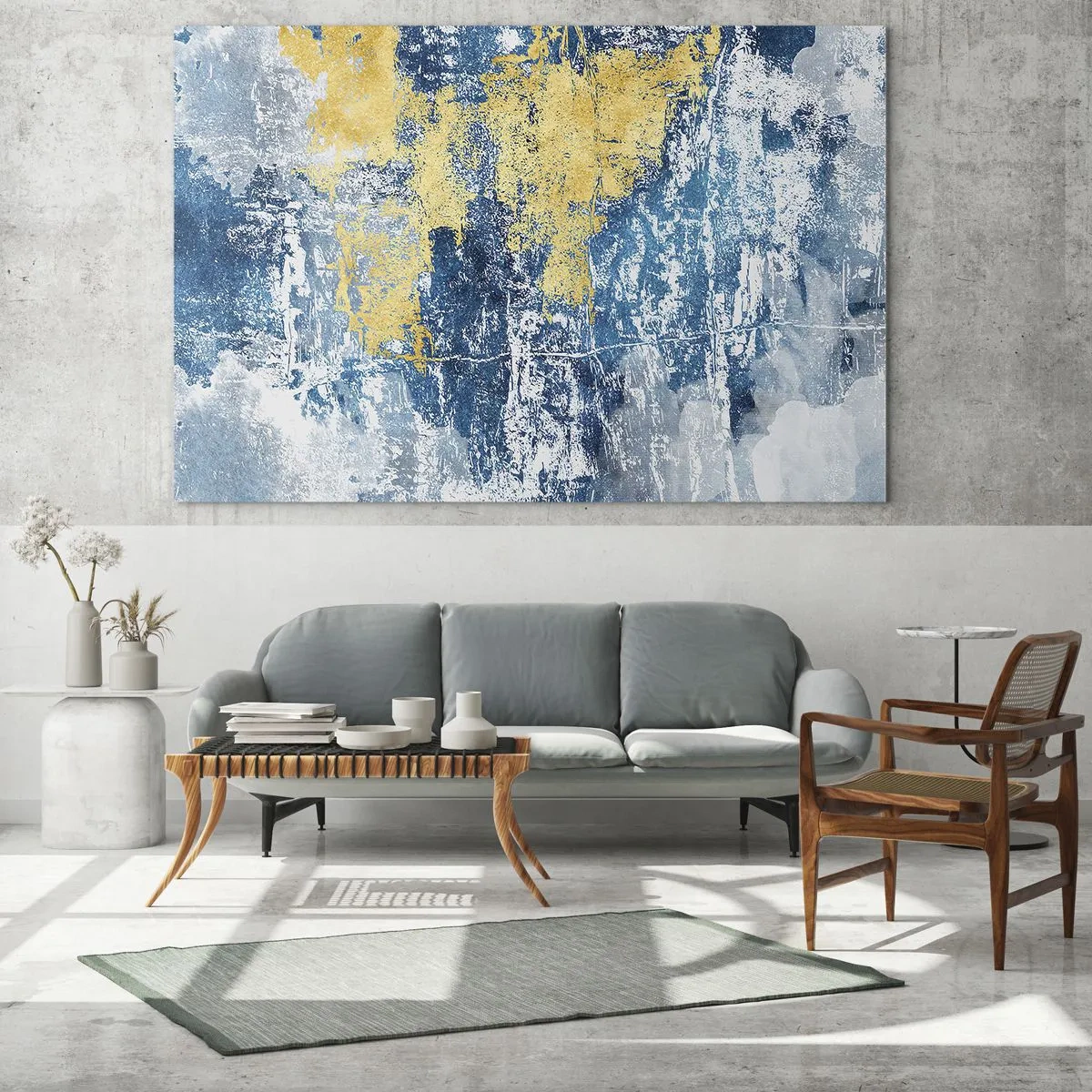 Tablou pe sticlă - Abstracție albastră și galbenă cu efect texturat și distrus - 70x50cm - Abstracție de vreme - Decorațiune modernă pentru perete pentru living și dormitor ARTTOR