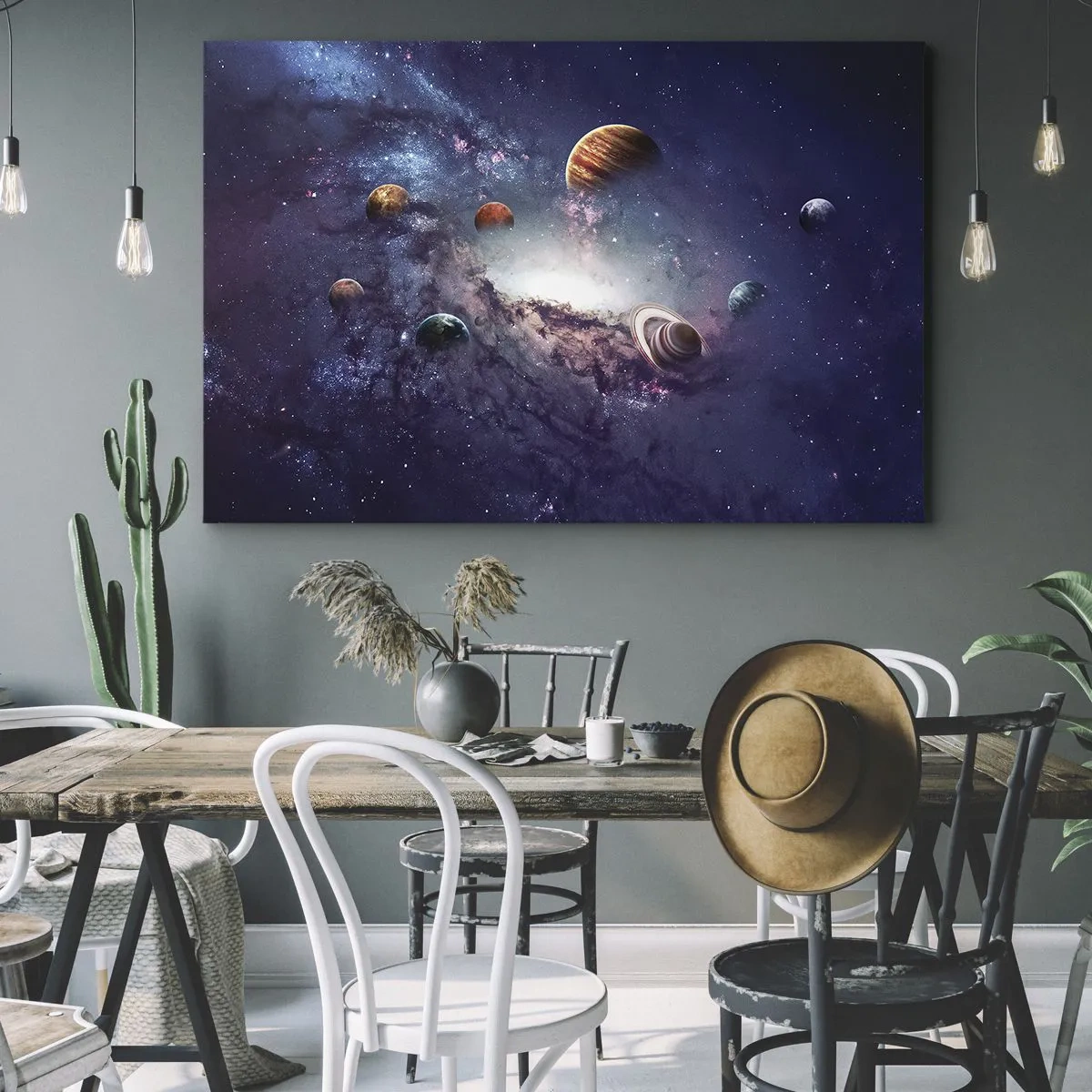 Tablou pe pânză Canvas - Planete într-o galaxie cu o nebuloasă în fundal - 70x50cm - Sistemul de dans solar - Decorațiune modernă pentru perete pentru living și dormitor ARTTOR