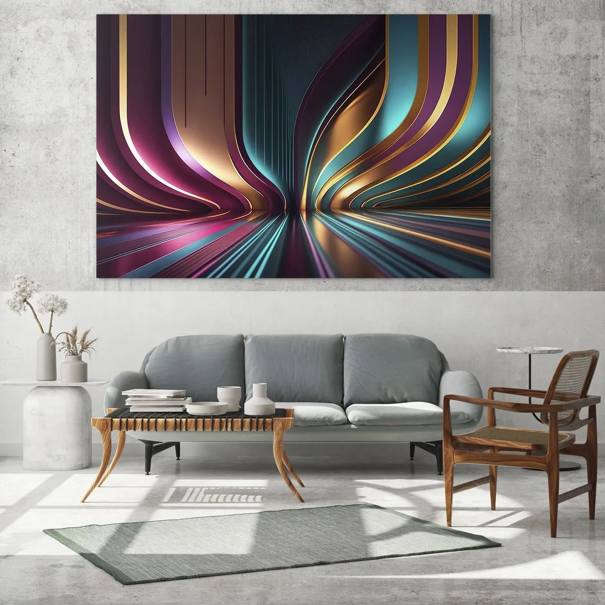 Tablou pe sticlă - Linii colorate de lumină creând forme futuriste - 70x50cm - Arhitectură de lumină - Decorațiune modernă pentru perete pentru living și dormitor ARTTOR