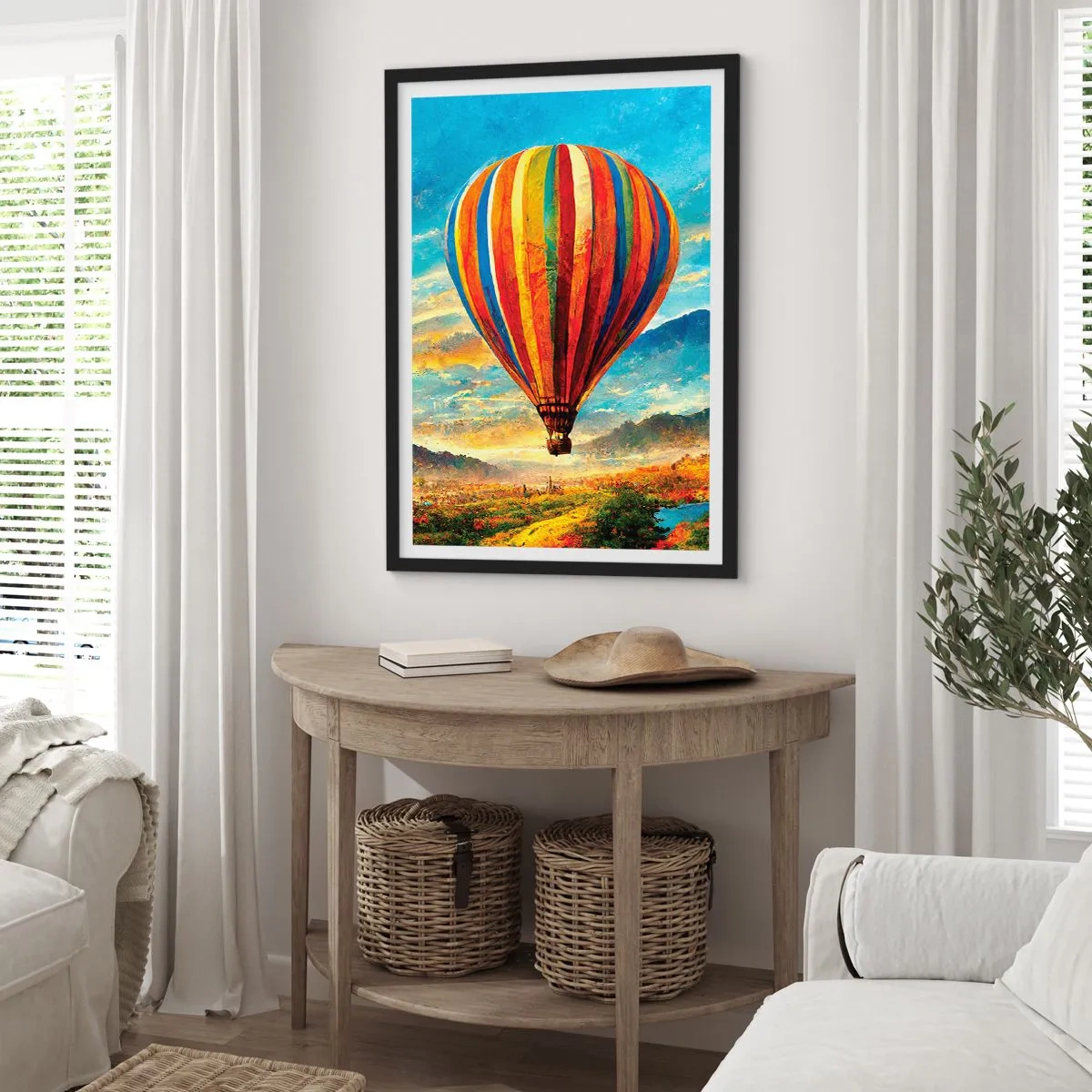 Poster în ramă neagră - Un balon colorat deasupra unui peisaj pitoresc - 50x70cm - În liniște puteți vedea mai multe - Decorațiune modernă pentru perete pentru living și dormitor ARTTOR