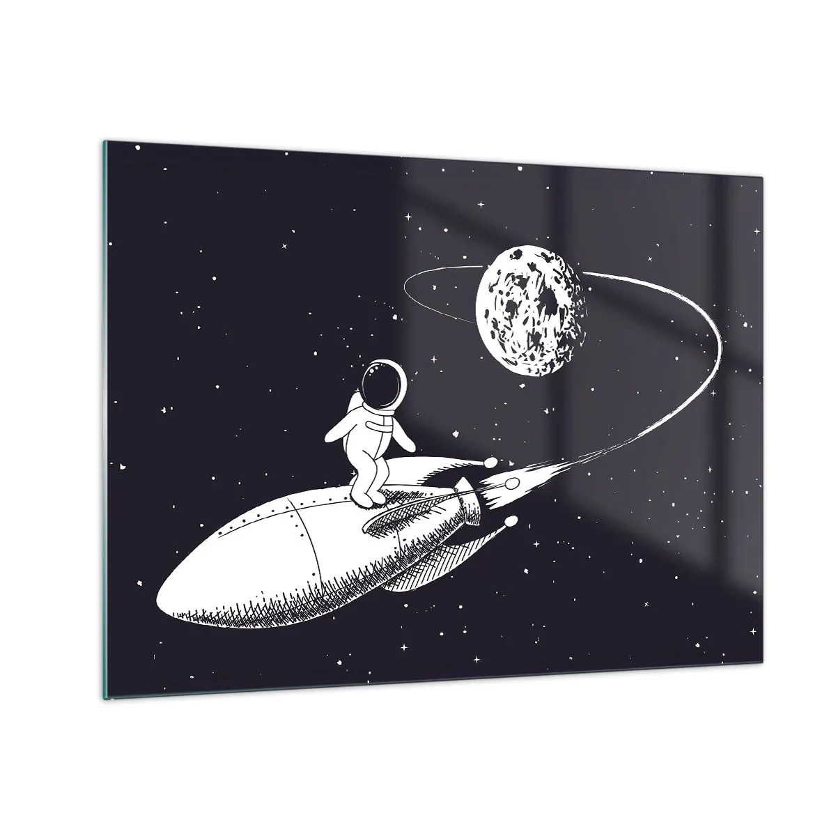 Tablou pe sticlă - Astronautul de desene animate navighează în spațiu pe o rachetă - 70x50cm - Surfer spațial - Decorațiune modernă pentru perete pentru living și dormitor ARTTOR