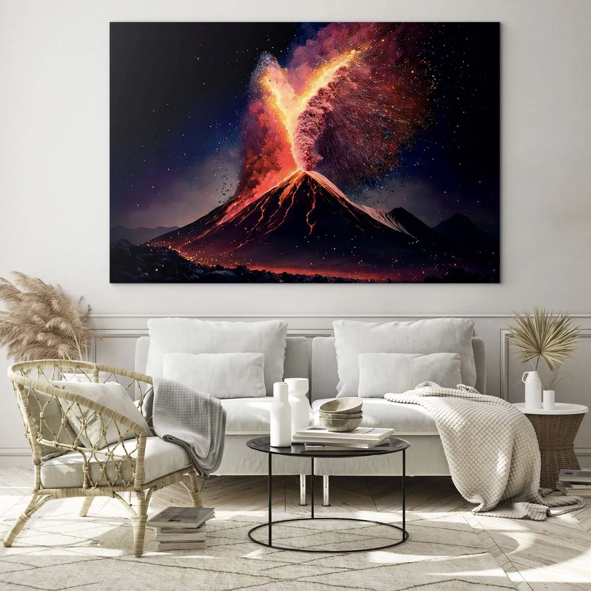 Tablou pe sticlă - Un vulcan în erupție cu lavă și un nor colorat de praf - 70x50cm - Frumusețe și groază - Decorațiune modernă pentru perete pentru living și dormitor ARTTOR