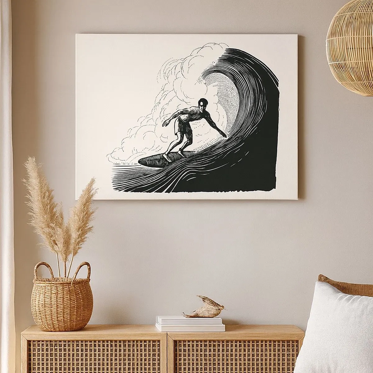 Tablou pe pânză Canvas - Grafică alb-negru a unui surfer care călărește un val - 70x50cm - Regele valului - Decorațiune modernă pentru perete pentru living și dormitor ARTTOR