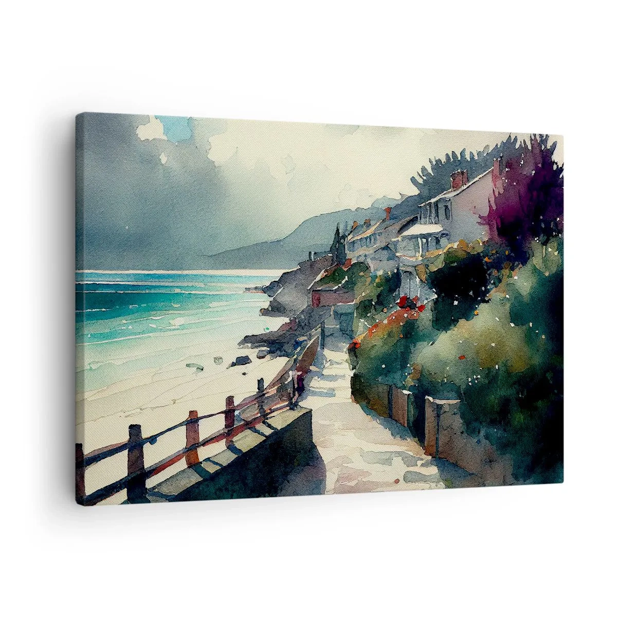 Tablou pe pânză Canvas - Promenadă de pe malul mării cu case și vegetație - 70x50cm - Orășel mediteraneean - Decorațiune modernă pentru perete pentru living și dormitor ARTTOR