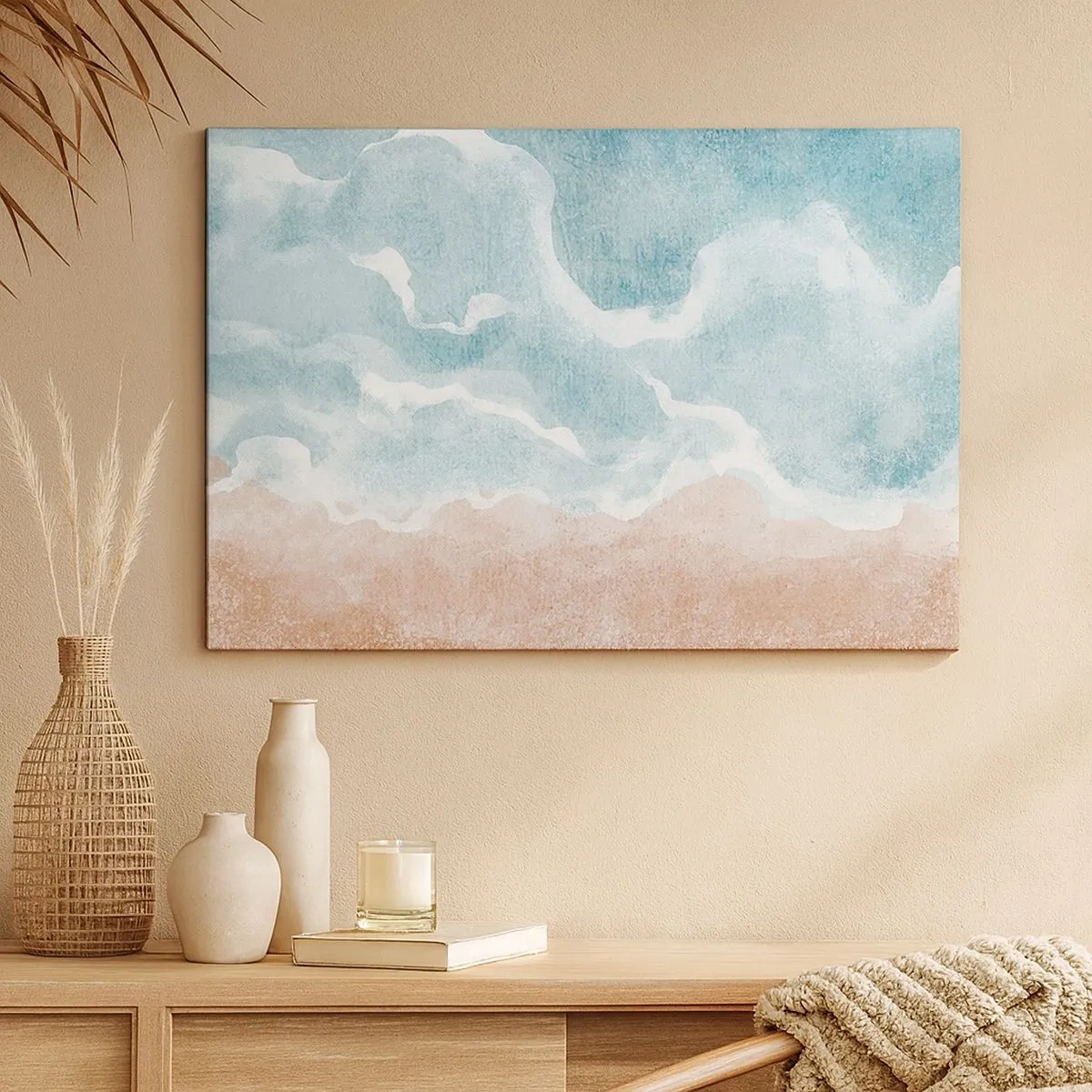 Tablou pe pânză Canvas - Plajă abstractă cu valuri în nuanțe de albastru și bej - 70x50cm - Abstracția norilor - Decorațiune modernă pentru perete pentru living și dormitor ARTTOR