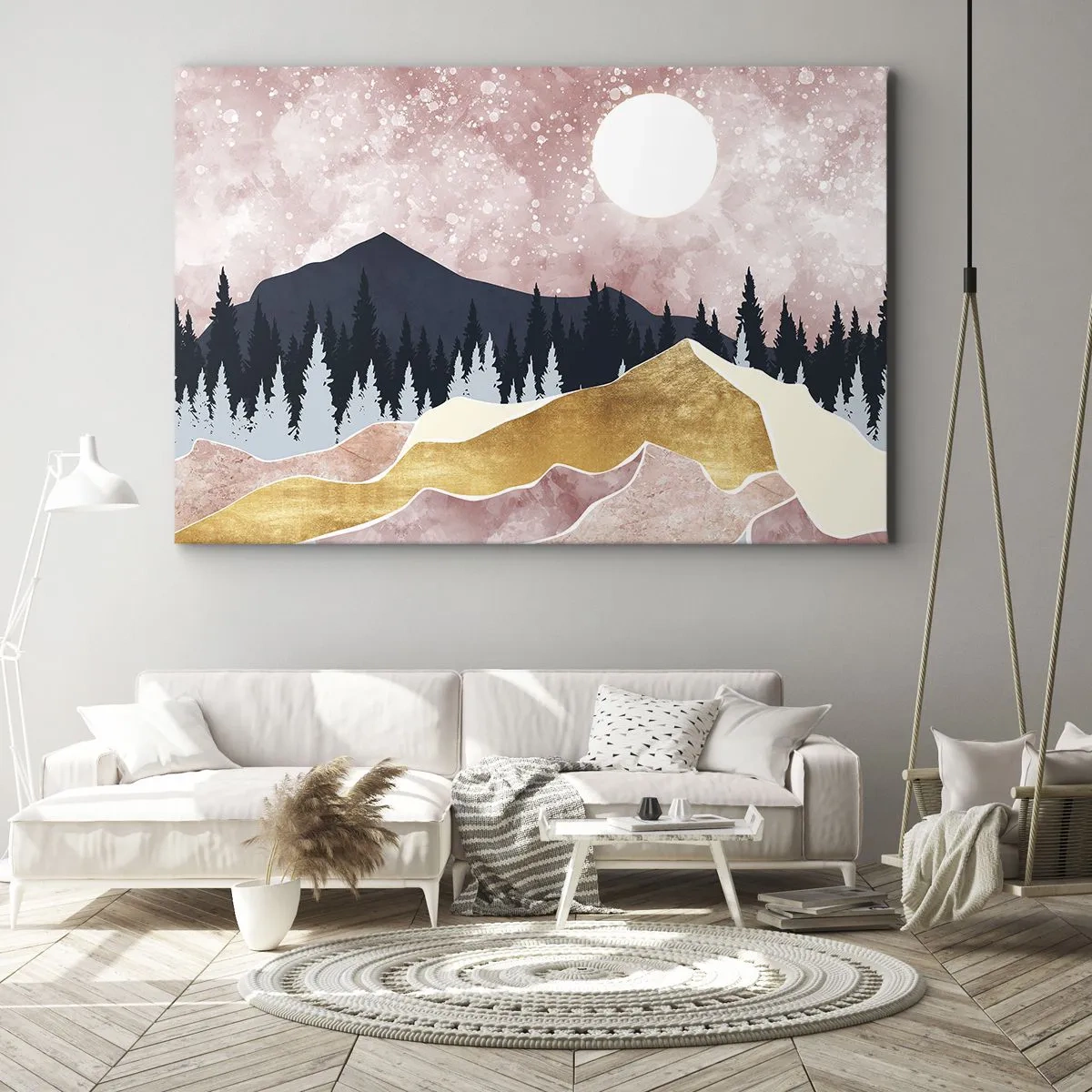 Tablou pe pânză Canvas - Munți colorați pe un cer roz cu o lună - 70x50cm - Garda de noapte - Decorațiune modernă pentru perete pentru living și dormitor ARTTOR