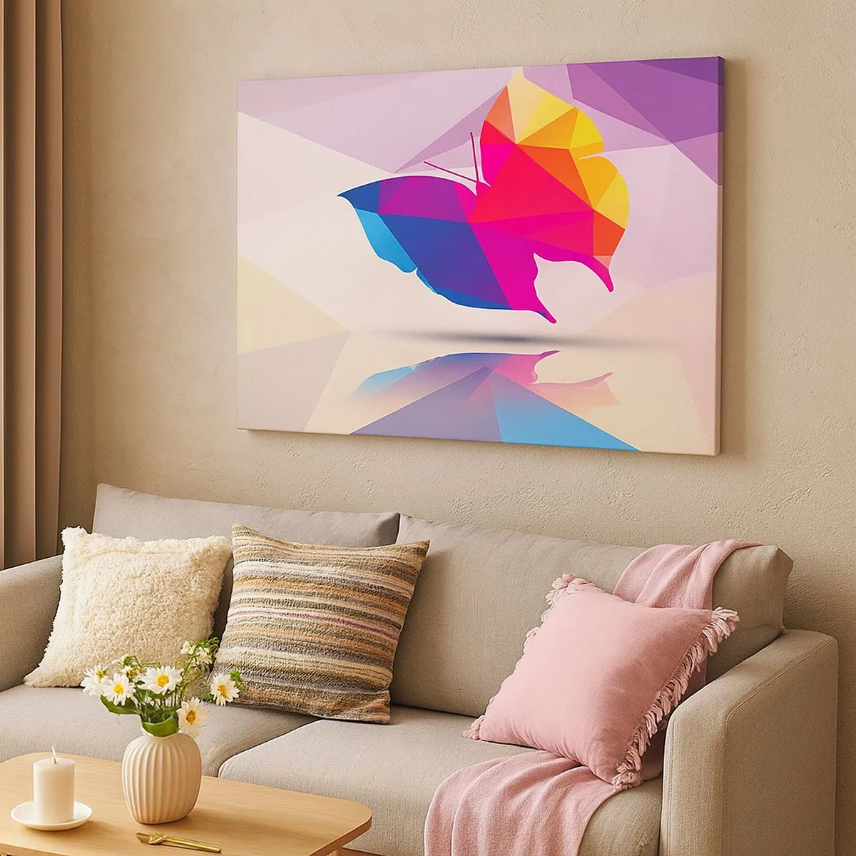 Tablou pe pânză Canvas - Siluetă geometrică de fluture în culori vibrante - 70x50cm - Curcubeu de fluture - Decorațiune modernă pentru perete pentru living și dormitor ARTTOR