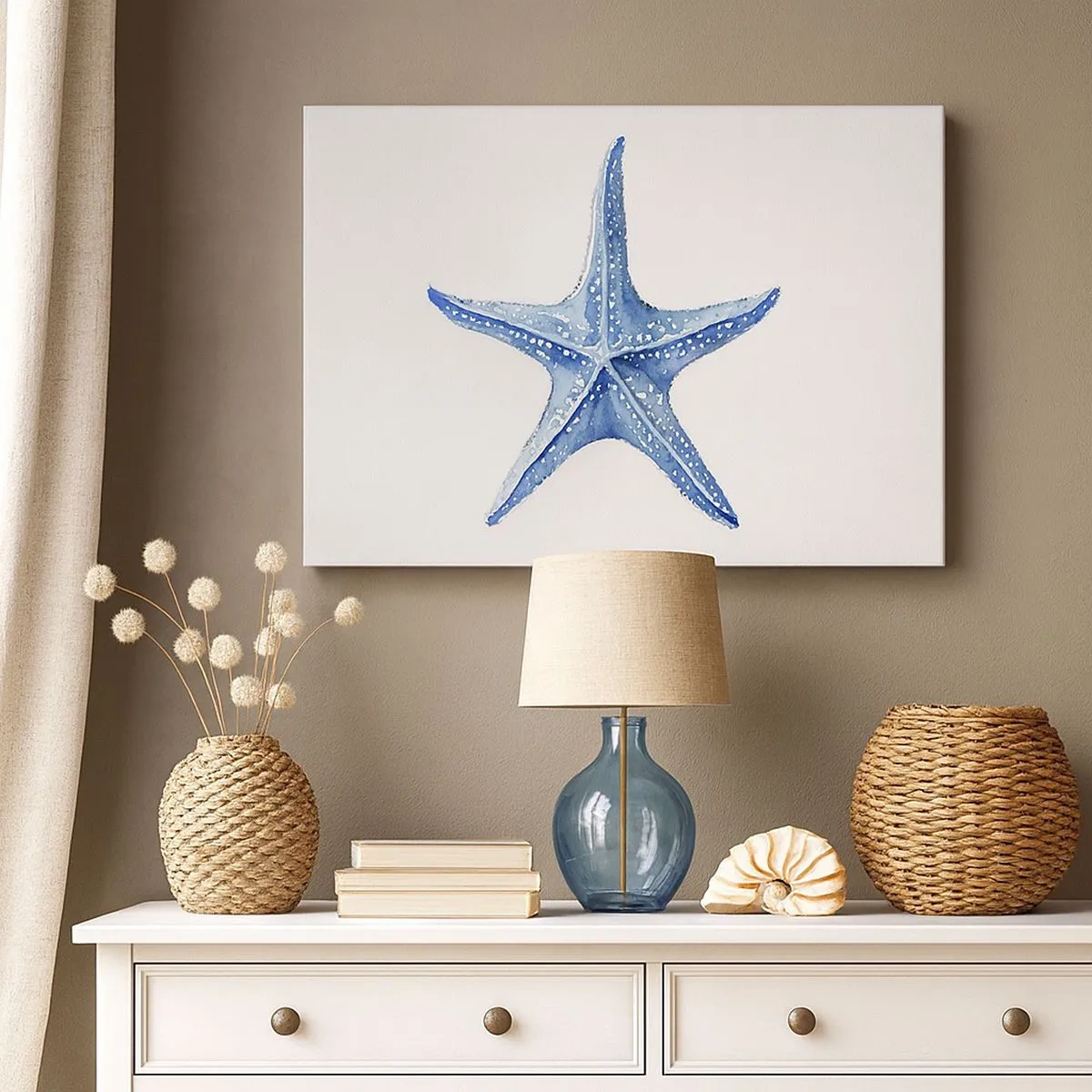 Tablou pe pânză Canvas - Stea de mare albastră pe fundal alb, în stil minimalist - 70x50cm - Steaua mării - Decorațiune modernă pentru perete pentru living și dormitor ARTTOR
