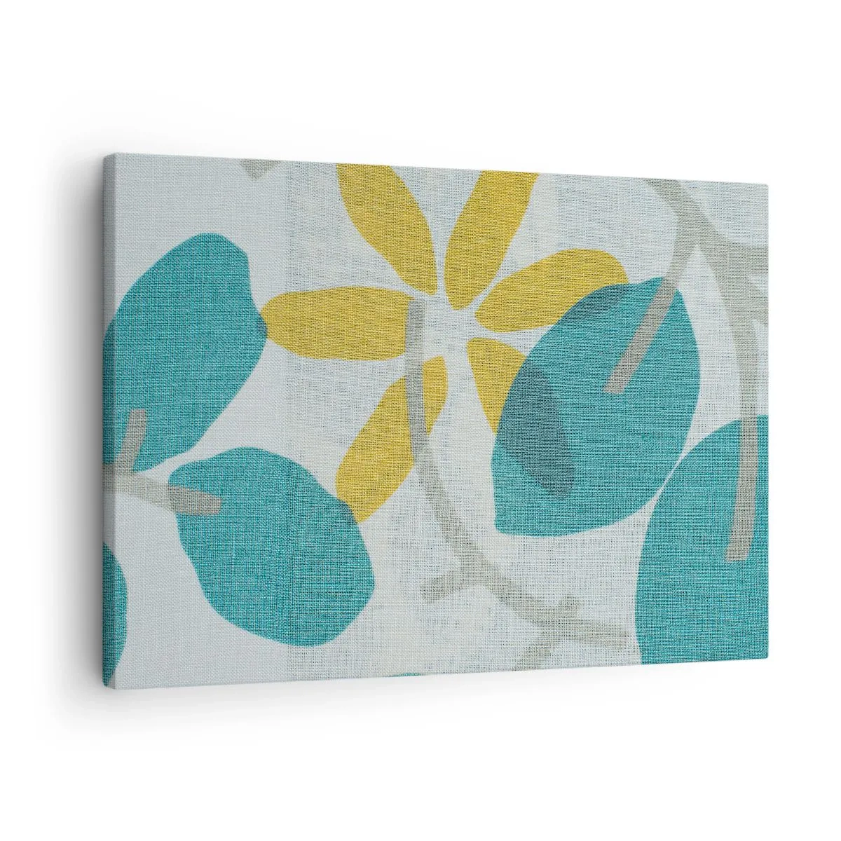 Tablou pe pânză Canvas - Frunze în nuanțe de turcoaz și galben pe un fundal deschis - 70x50cm - Printre frunzele de azur - Decorațiune modernă pentru perete pentru living și dormitor ARTTOR