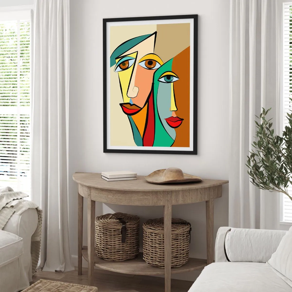 Poster în ramă neagră - Fețe abstracte în stil cubist în culori calde - 50x70cm - Cuplu cubist - Decorațiune modernă pentru perete pentru living și dormitor ARTTOR