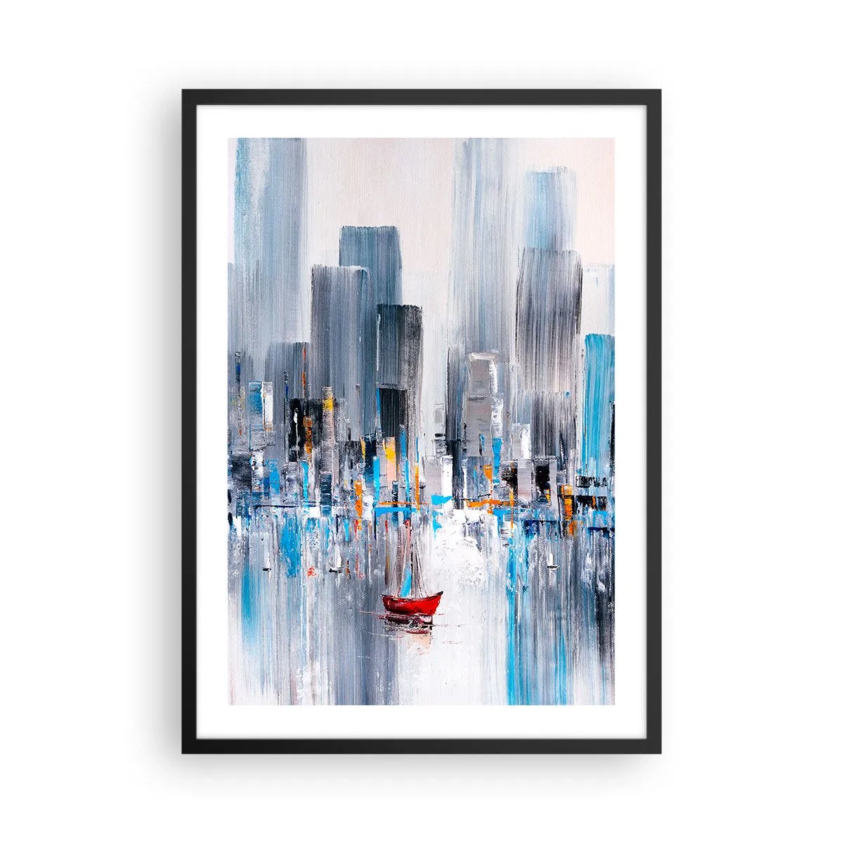 Poster în ramă neagră - O pictură abstractă care înfățișează orizontul unui oraș deasupra apei cu o barcă roșie. - 50x70cm - Metropola de lângă golf - Decorațiune modernă pentru perete pentru living și dormitor ARTTOR