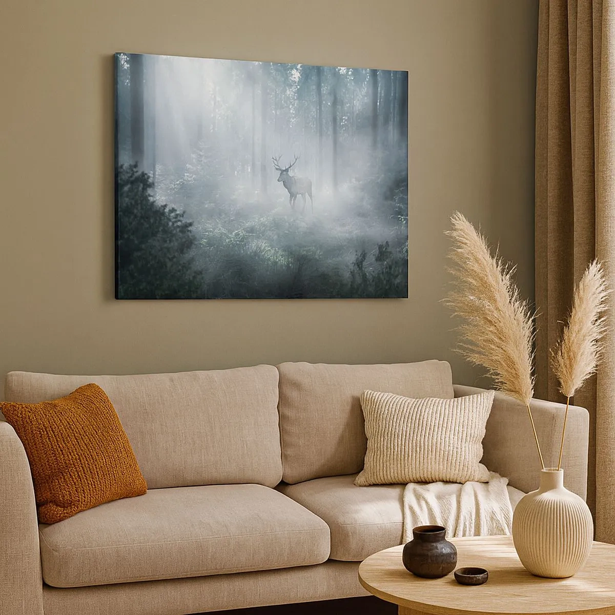 Tablou pe pânză Canvas - Un cerb într-o pădure densă învăluită în ceața dimineții - 70x50cm - Plimbarea de dimineață prin regat - Decorațiune modernă pentru perete pentru living și dormitor ARTTOR