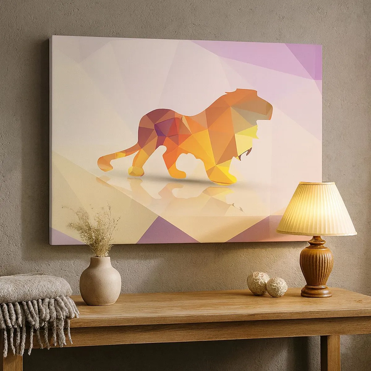 Tablou pe pânză Canvas - Siluetă geometrică a unui leu în nuanțe de galben și portocaliu - 70x50cm - Regele diamantat - Decorațiune modernă pentru perete pentru living și dormitor ARTTOR