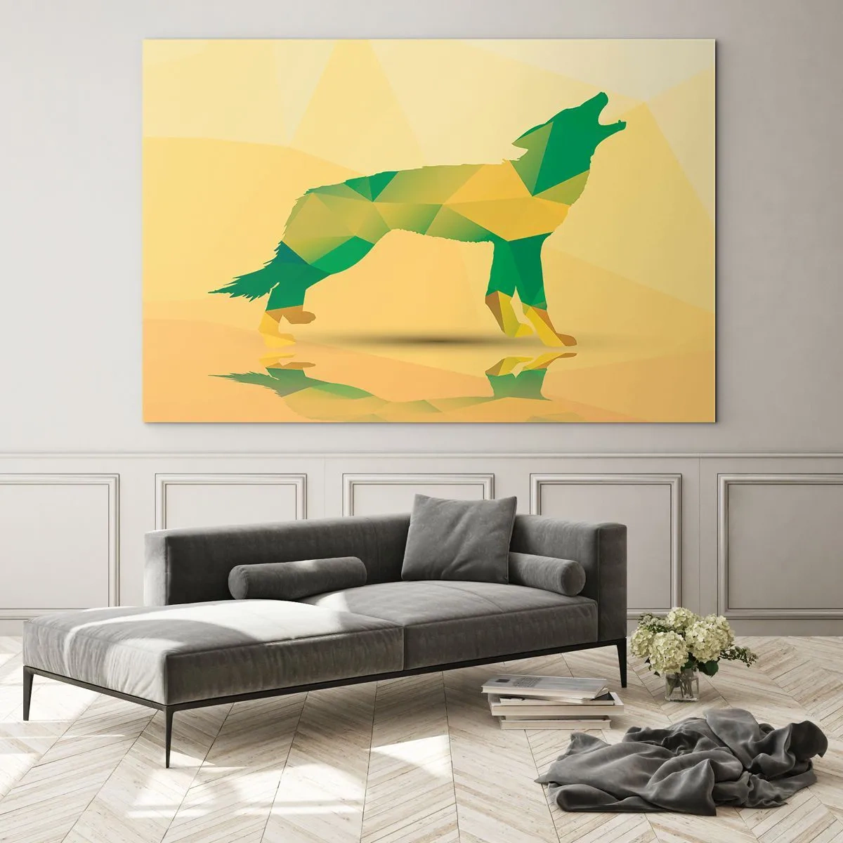 Tablou pe sticlă - Lup geometric în abstracție colorată - 70x50cm - Lupul singuratic - Decorațiune modernă pentru perete pentru living și dormitor ARTTOR