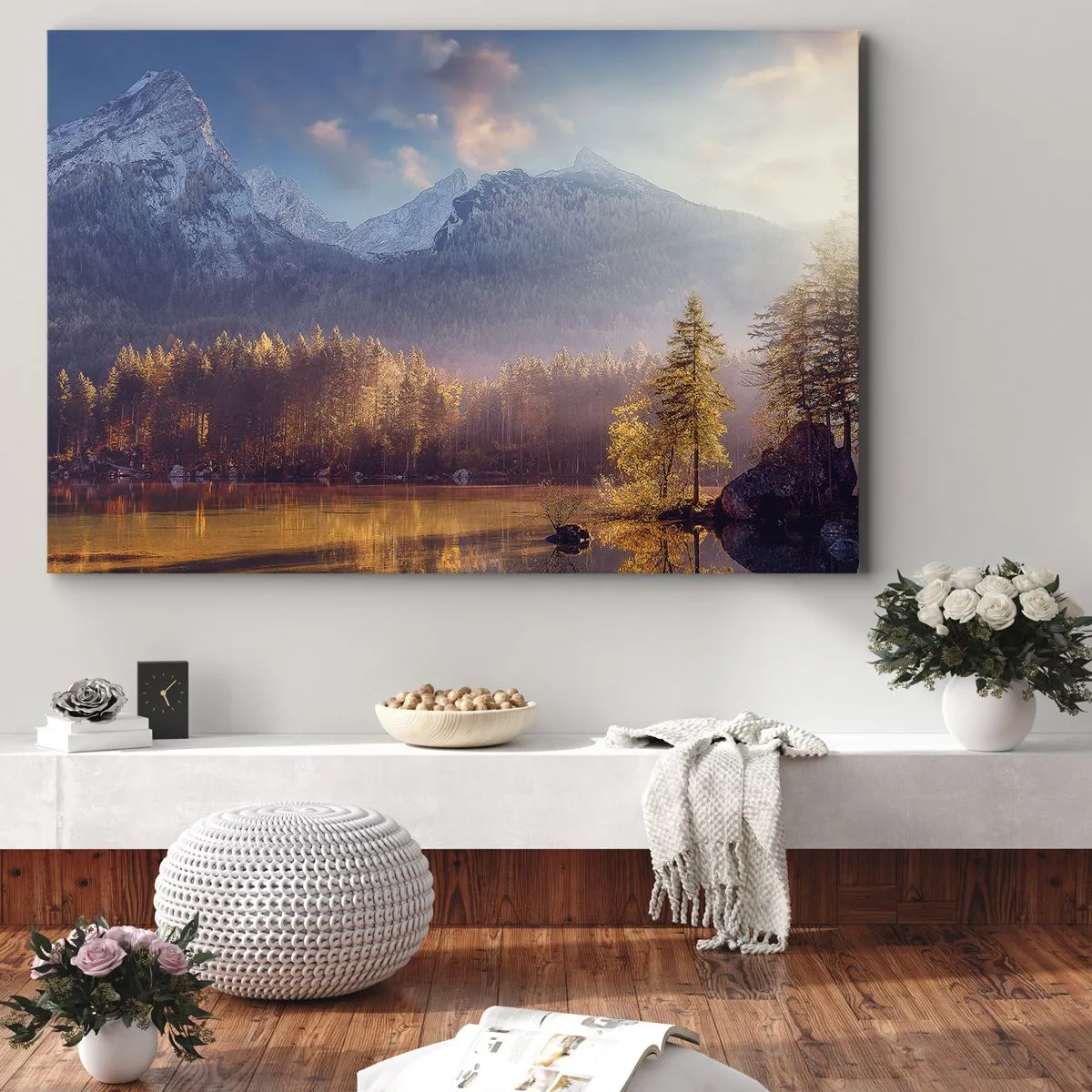 Tablou pe pânză Canvas - Vedere pitorească a pădurii de munte și a lacului în zori - 70x50cm - La munte și la deal - Decorațiune modernă pentru perete pentru living și dormitor ARTTOR