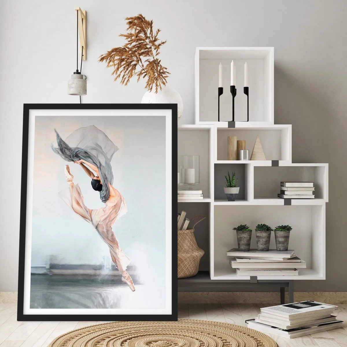 Poster în ramă neagră - O balerină dansând cu un șal delicat pe un fundal deschis la culoare - 50x70cm - În exaltare de dans - Decorațiune modernă pentru perete pentru living și dormitor ARTTOR