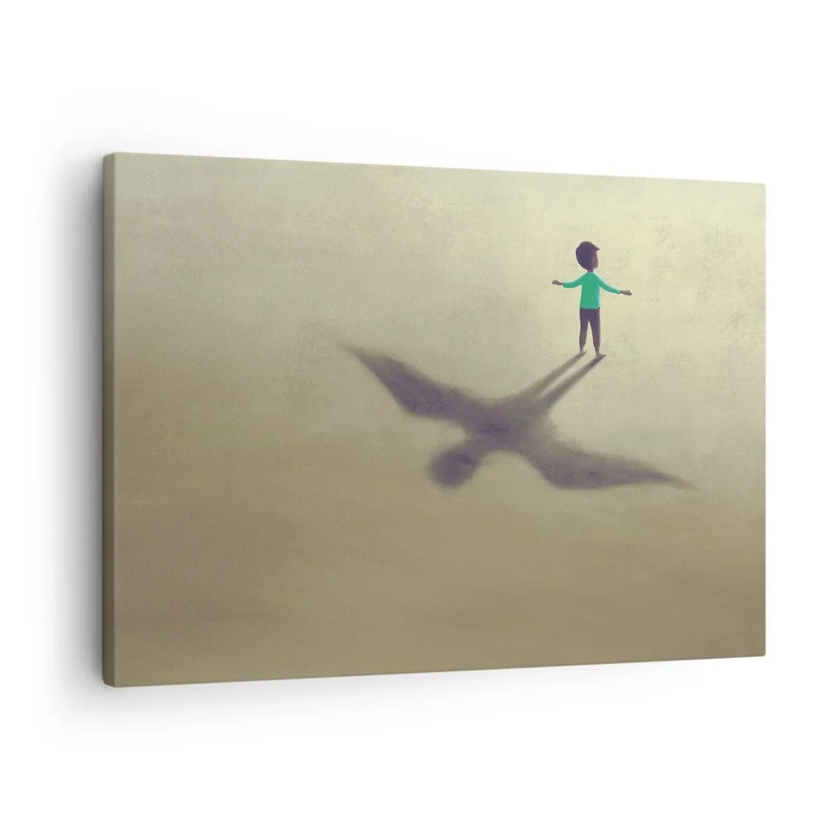 Tablou pe pânză Canvas - O figură simbolică a unui copil cu umbra unei păsări pe un fundal în nuanțe calde. - 70x50cm - Eroul viitorului - Decorațiune modernă pentru perete pentru living și dormitor ARTTOR
