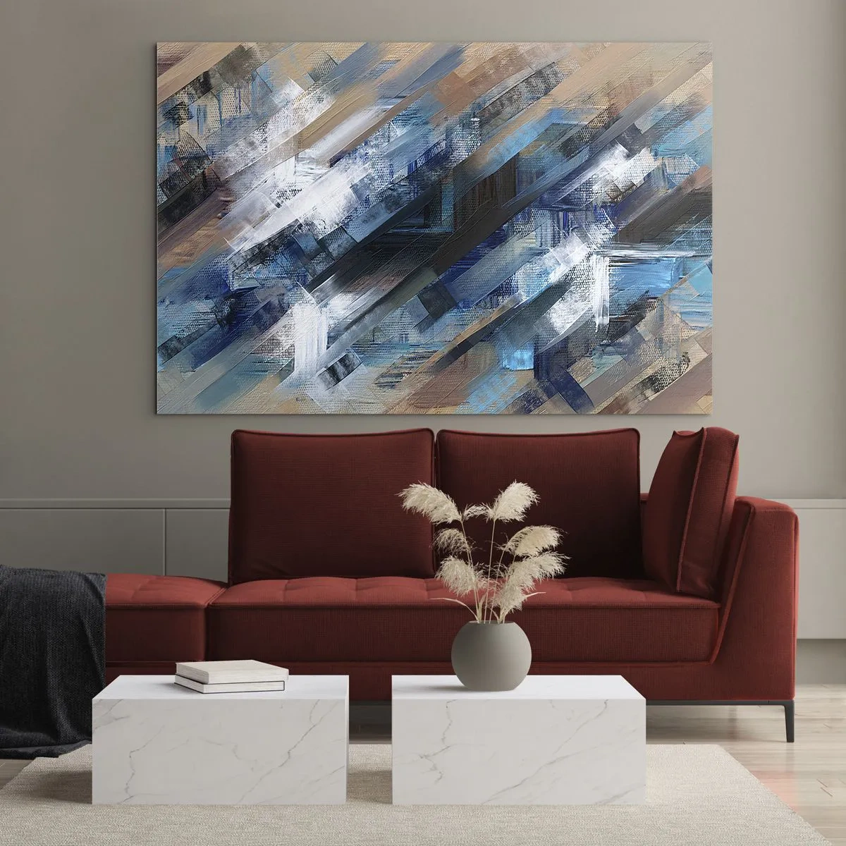 Tablou pe sticlă - Dungi diagonale abstracte în nuanțe de albastru, alb și bej - 70x50cm - Pe o pantă albastră - Decorațiune modernă pentru perete pentru living și dormitor ARTTOR