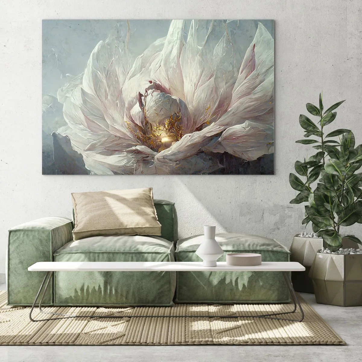 Tablou pe sticlă - O floare înflorită în nuanțe delicate de gri și auriu - 70x50cm - Înflorește o dată la o sută de ani - Decorațiune modernă pentru perete pentru living și dormitor ARTTOR