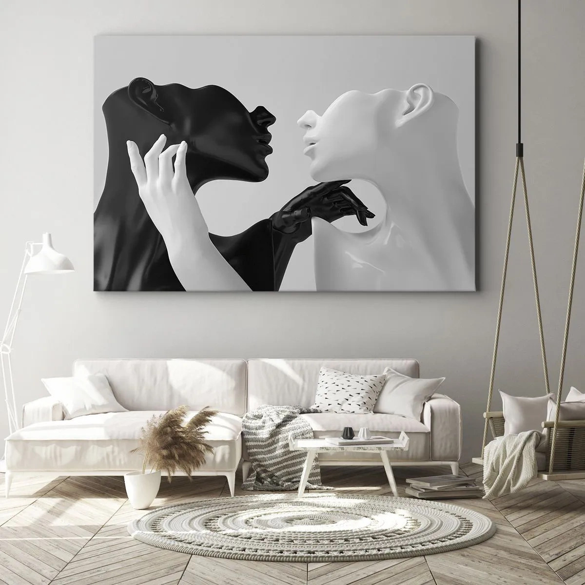 Tablou pe pânză Canvas - Siluete alb-negru în prim-plan dinamic - 70x50cm - Atracție - dorință - Decorațiune modernă pentru perete pentru living și dormitor ARTTOR