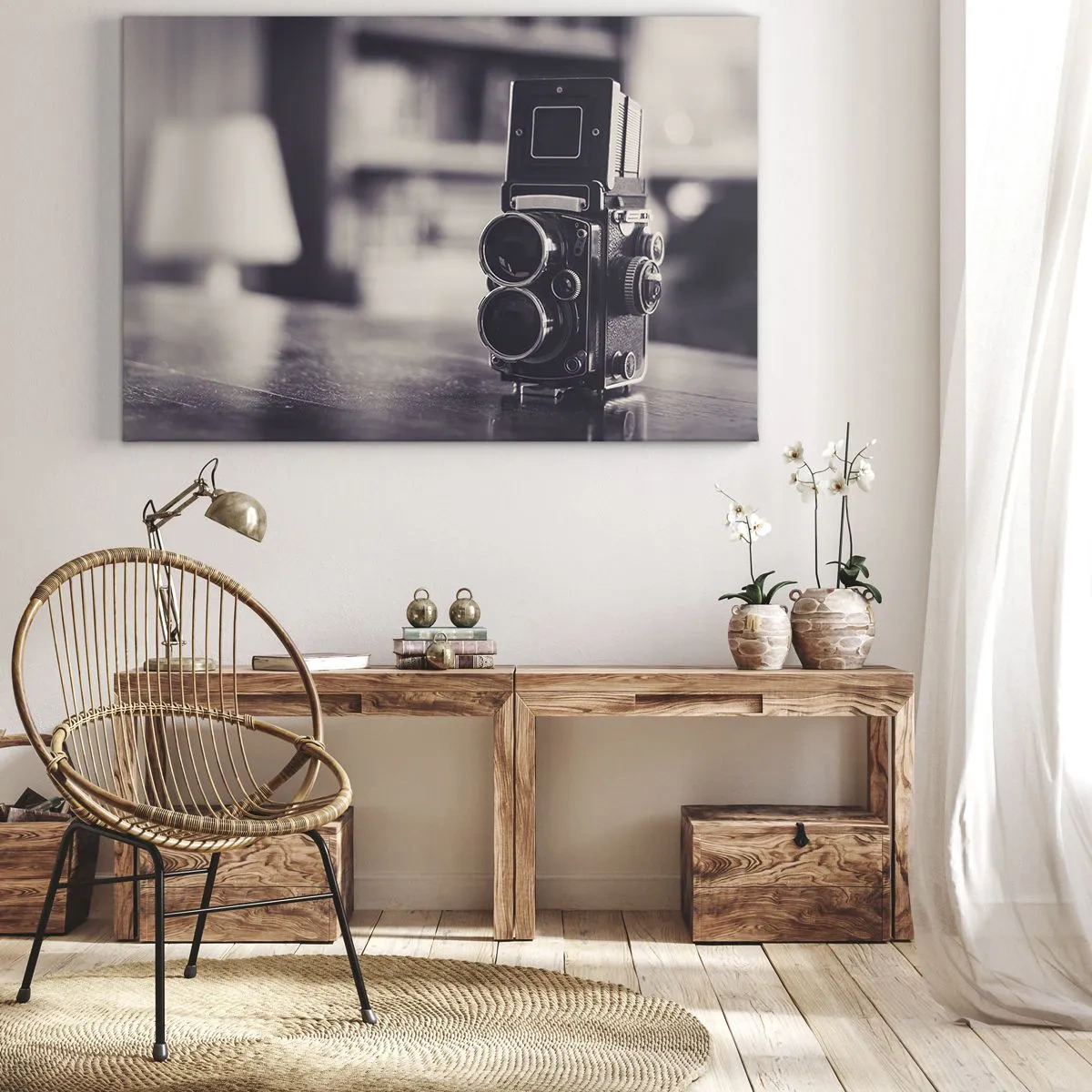 Tablou pe pânză Canvas - Aparat foto antic alb-negru - 70x50cm - Magia fotografiei vechi - Decorațiune modernă pentru perete pentru living și dormitor ARTTOR
