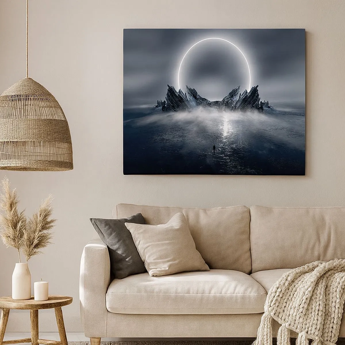 Tablou pe pânză Canvas - Peisaj misterios cu un inel de lumină deasupra munților - 70x50cm - Final de poveste - Decorațiune modernă pentru perete pentru living și dormitor ARTTOR