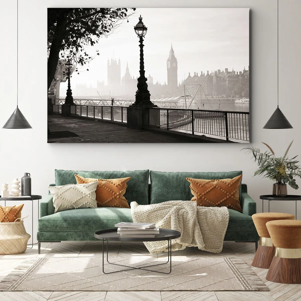 Tablou pe pânză Canvas - O vedere monocromatică a Big Ben și a Tamisei. - 70x50cm - Londra de dimineața - Decorațiune modernă pentru perete pentru living și dormitor ARTTOR
