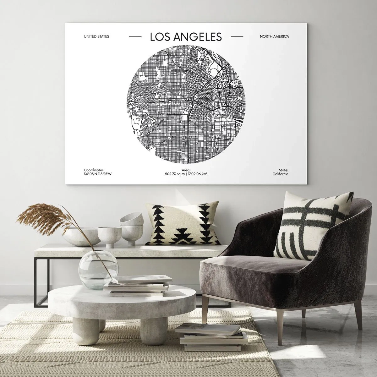 Tablou pe sticlă - O hartă minimalistă alb-negru a orașului Los Angeles. - 70x50cm - Anatomia Los Angeles - Decorațiune modernă pentru perete pentru living și dormitor ARTTOR