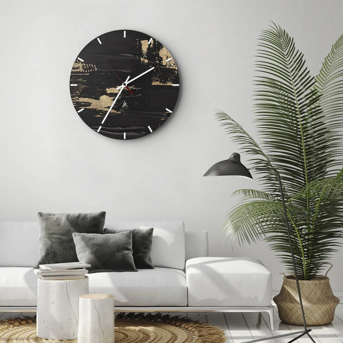Ceas de perete - Ceas pe sticlă - Fundal negru cu tușe dinamice de vopsea aurie - 30x30cm - O urmă de atingere - Decorațiune modernă pentru perete pentru living, bucătărie și dormitor ARTTOR