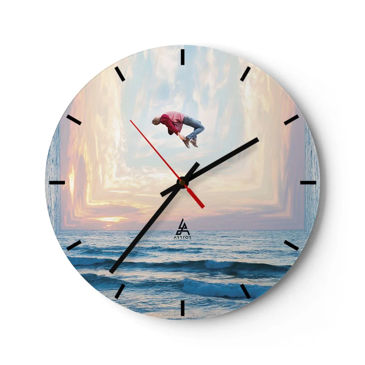 Ceas de perete - Ceas pe sticlă - O figură săritoare pe malul mării într-un peisaj suprarealist - 30x30cm - Spre o altă dimensiune - Decorațiune modernă pentru perete pentru living, bucătărie și dormitor ARTTOR